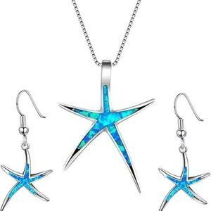 Blue Purple Opal Ocean Sea Animal Starfish Turtle Necklace Earrings Jewelry Set